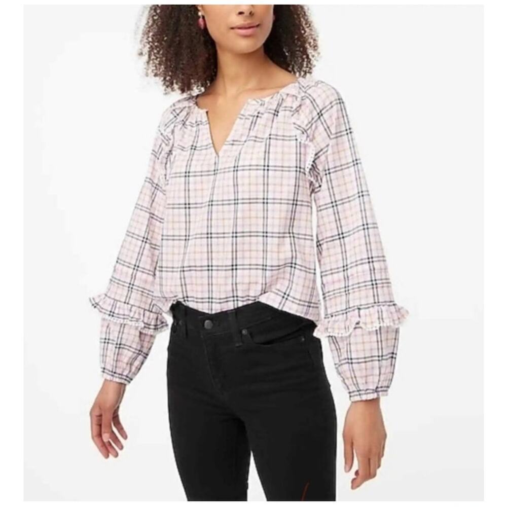 J.Crew Women Peasant Top Size XS Pink Plaid Fisherman Preppy Fall Casual Western